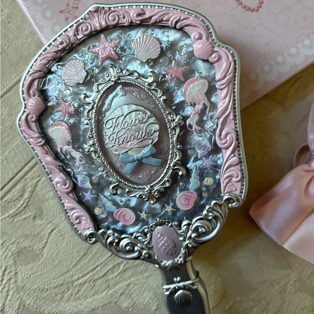 Flower Knows Shells Jewels Seashell Handheld Makeup Beauty Mirror Pink BNIB